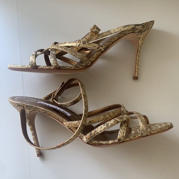 Manolo Blahnik Gold Embossed Python Leather High Heel Ankle Strap Sandals 40 1/2 - Picture 6 of 13